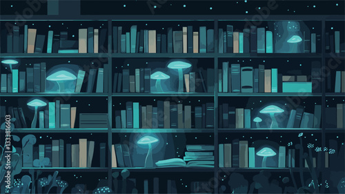 Digital illustration depicting a bookshelf filled with books. The scene is set at night, with a dark background. Glowing, bioluminescent mushroom-like objects illuminate the bookshelves, casting a