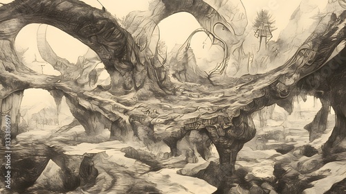 A surreal alien landscape filled with bizarre plants and unique rock formations in a mysterious setting.