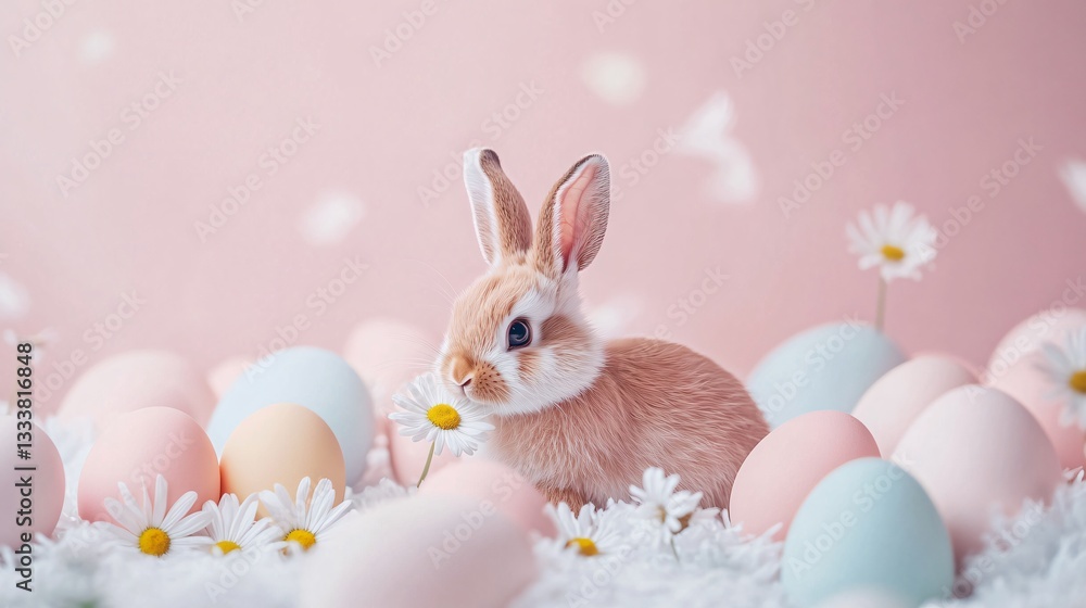 Obraz premium A curious bunny sniffing a daisy, surrounded by soft pastel Easter eggs, isolated on a clean backdrop