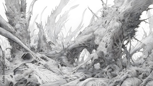 A distant alien world displaying unusual plant life and strange geological shapes under an eerie sky.