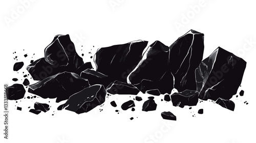 The image shows a collection of irregularly shaped black fragments against a white background. The fragments vary in size and have sharp, jagged edges.  The overall style is a flat, vector-like
