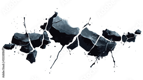 The image presents an abstract composition featuring irregular shapes resembling fragmented stone or rock.  The pieces are primarily dark grey and black, with varying shades and intensities.  The