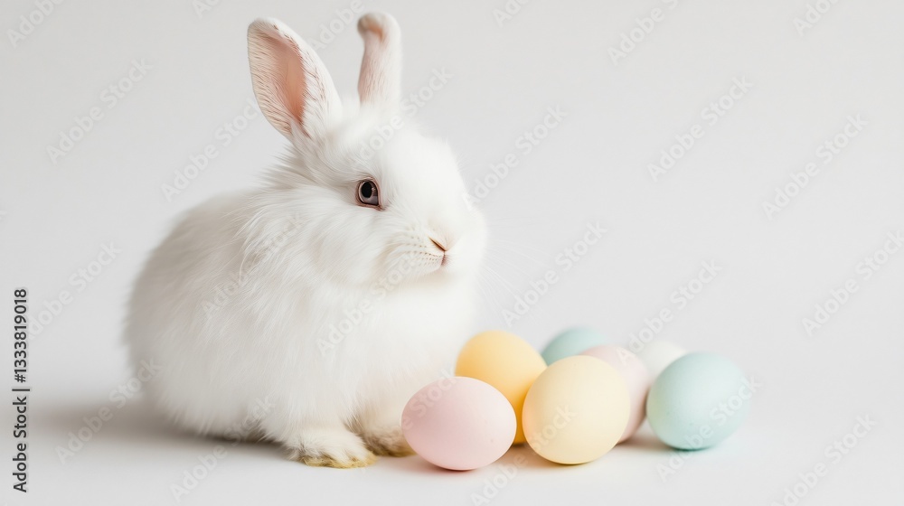 A fluffy white rabbit sitting next to pastel-colored Easter eggs on a clean white background, soft lighting A fluffy white rabbit sitting next to pastel-colored Easter eggs on a clean white background, soft lighting