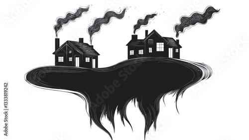 The image is a grayscale illustration depicting two stylized houses situated on a floating island-like landmass.  The houses are rendered as simple silhouettes with visible chimneys emitting smoke.