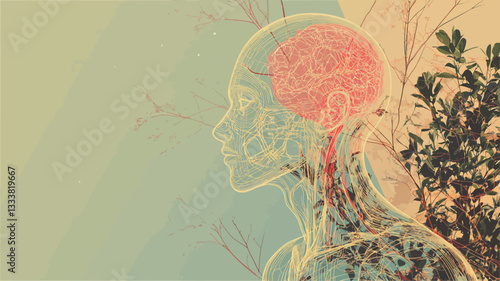 The image presents a stylized illustration of the human head and neck, showcasing the brain and vascular system in a translucent, overlay style.  The anatomical elements are rendered in soft,