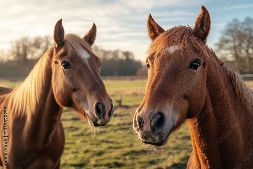 Fototapeta premium Two beautiful horses gaze peacefully in a green pasture as the sun sets behind them, creating a serene and tranquil atmosphere.