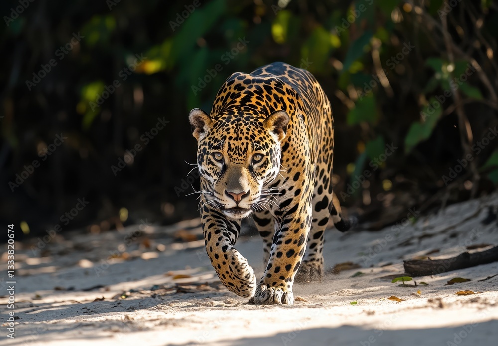 Obraz premium Majestic jaguar prowling through the lush rainforest, showcasing its striking coat with vivid spots and an intense gaze, symbol of strength and beauty in nature