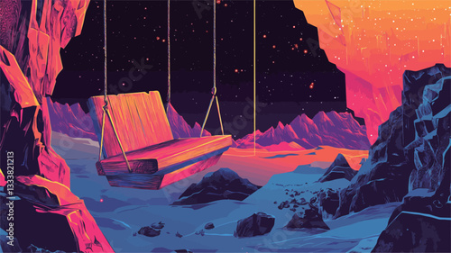 Digital illustration depicting a wooden swing hanging within a cave-like environment. The scene is rendered in vibrant, contrasting colors with neon-like hues of pink, orange, and blue. The rocks