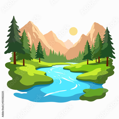 Scenic river flowing through green landscape with mountains, nature beauty