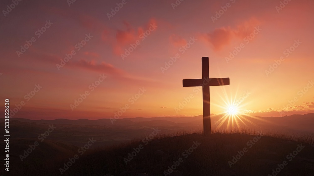 Delicate 3D render of a simple Easter cross with the silhouette of Jesus, soft lighting and space below for personalized Easter greetings or church event text.
Delicate 3D render of a simple Easter cross with the silhouette of Jesus, soft lighting and space below for personalized Easter greetings or church event text.