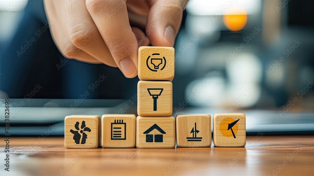 Naklejka premium Sustainable Development Goals visual representation using wooden blocks with icons