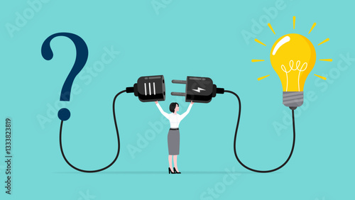connect idea, businesswoman connect plug with light bulb idea to power socket concept vector illustration with flat style design