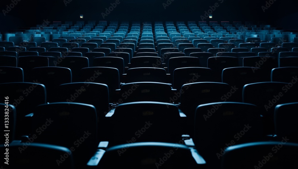 Fototapeta premium Empty movie theater auditorium. Rows of dark blue seats stretch into the distance. Dim lighting creates a sense of anticipation