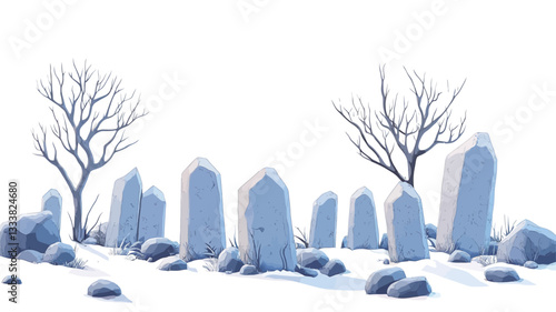 The image depicts a stylized, minimalist winter landscape.  The scene is dominated by a row of light blue, stylized stone monuments or markers set in a snowy field.  Two bare, leafless trees flank