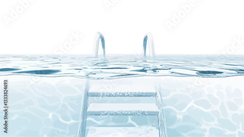 High-angle, close-up view of a swimming pool. The focus is on the pool ladder extending from the water's surface to the pool deck. The water is predominantly clear and blue, with subtle ripples and