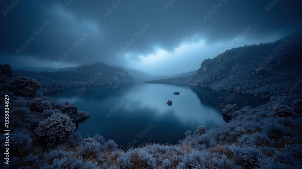Mysterious karst lakes under a midnight sky, engulfed in a wild spring . Snow and mist swirl over the dark waters, creating an untamed, dramatic scene. Mysterious karst lakes under a midnight sky, engulfed in a wild spring . Snow and mist swirl over the dark waters, creating an untamed, dramatic scene.