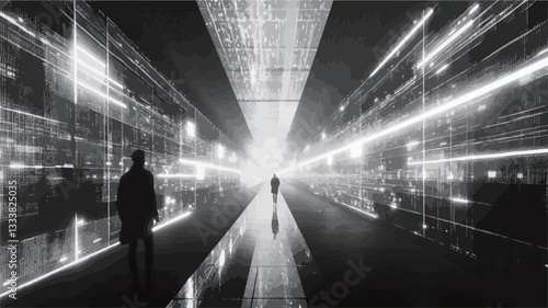 A monochrome image depicting two silhouetted human figures in a long, converging corridor.  The walls of the corridor are illuminated by bright, vertical streaks of light, creating a strong sense