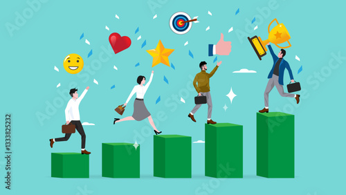 Employee engagement to reach business goals, success together, company commitment or employee appreciation, happy business people employees on business growth graph with work engagement elements