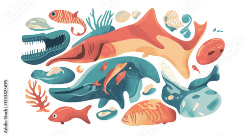 A stylized illustration depicting a variety of marine life forms.  The style is painterly, with soft edges and a limited color palette dominated by oranges, blues, and greens.  The composition