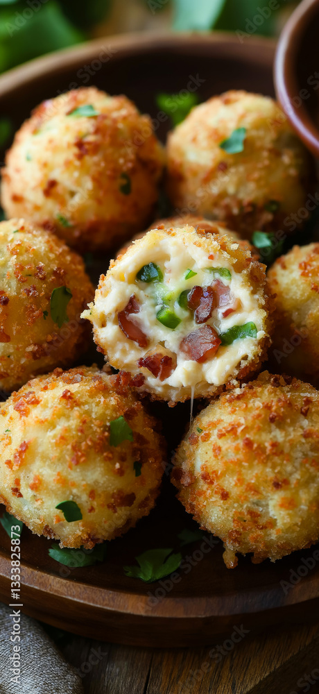 Crispy jalapeno popper cheese balls with bacon, garnished with fresh parsley, served with a spicy dipping sauce. Crispy jalapeno popper cheese balls with bacon, garnished with fresh parsley, served with a spicy dipping sauce.