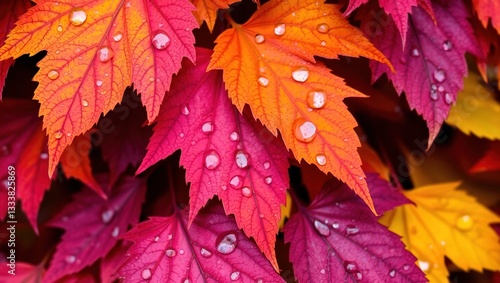 Autumns Embrace Vibrant Leaves Glistening With Morning Dew, Showcasing A Breathtaking Spectrum Of Crimson, Orange, And Magenta Hues