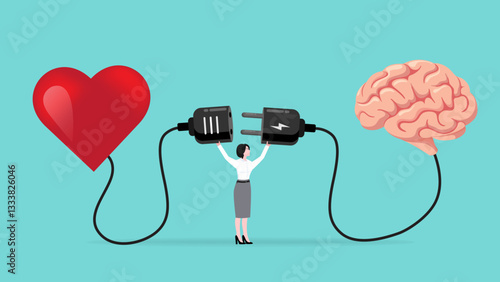 heart and brain connection, align your heart and brain, control feeling and emotion with logical thinking brain, woman connect plug with heart to brain concept vector illustration