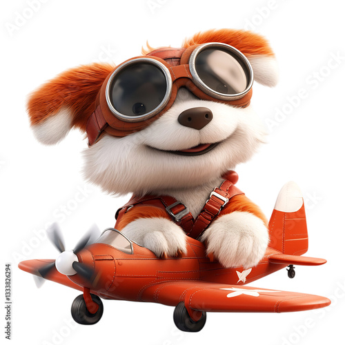 A Brave 3D Cartoon Dog Pilot Wearing Aviator Goggles Isolated on Transparent Background