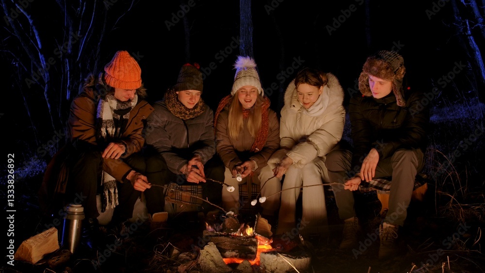 © kinomaster - Friends sitting around a campfire in the woods on a winter evening