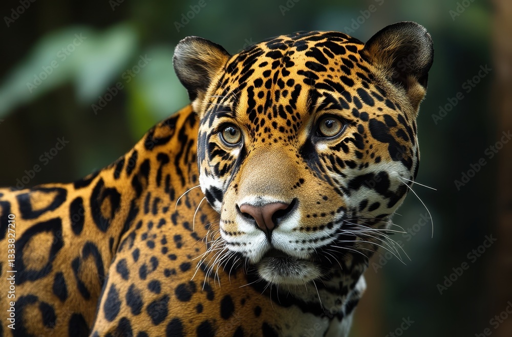 Obraz premium Majestic Jaguar with Distinctive Spots Captured in Lush Greenery, Showcasing Powerful Presence and Wild Beauty in Natural Habitat