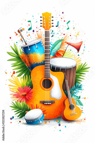 Colorful musical instruments, tropical foliage, festive background. Possible use Stock photo for music, celebration, summer, or party themes
