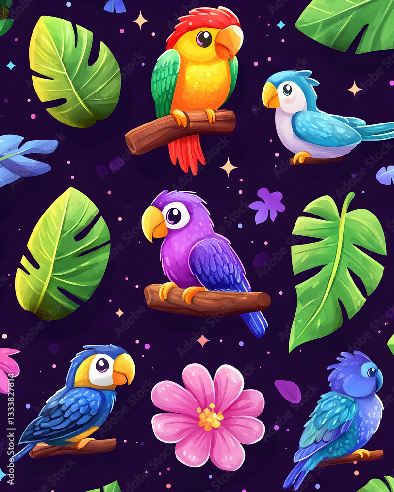 Obraz premium Colorful parrot pattern on dark background with tropical leaves and flowers. Possible use wallpaper, fabric, or wrapping paper