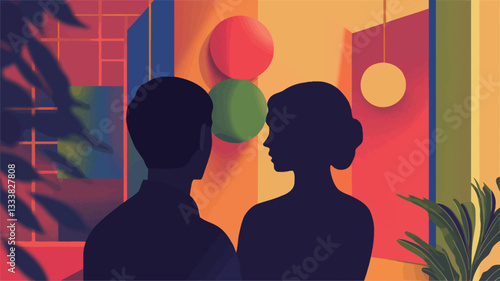 The image is a stylized illustration featuring two dark silhouettes of a man and a woman facing each other. They are positioned against a background of an abstract interior space with bold
