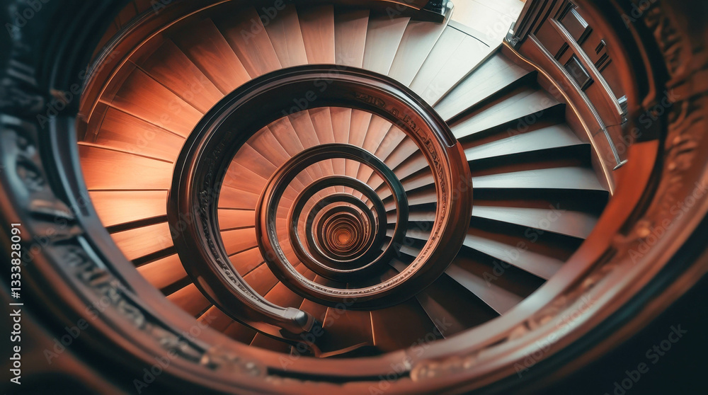 Fototapeta premium A spiral staircase made of dark wood creates an atmosphere of mystery and elegance. Soft light emphasizes the graceful curves and decorative details of the structure.