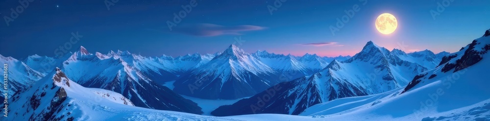 Obraz premium Snow capped mountains under a serene lunar glow, snow, serene
