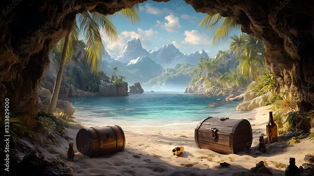 Fototapeta premium Beautiful hidden bay with sandy beach with pirate treasures surrounded mountains and palms