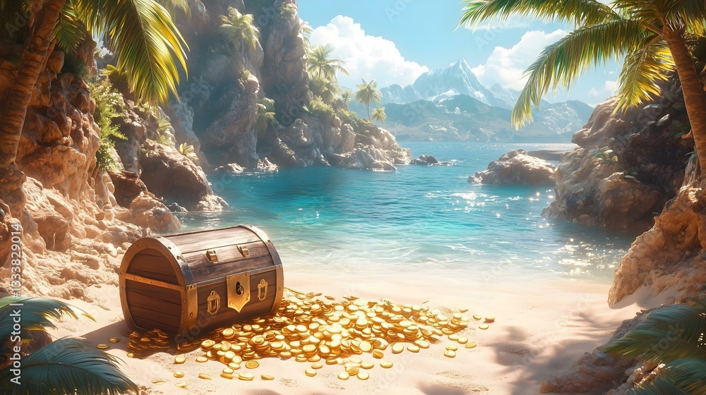 Naklejka premium Beautiful hidden bay with sandy beach with pirate treasures surrounded mountains and palms