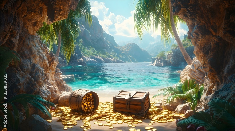 Fototapeta premium Beautiful hidden bay with sandy beach with pirate treasures surrounded mountains and palms