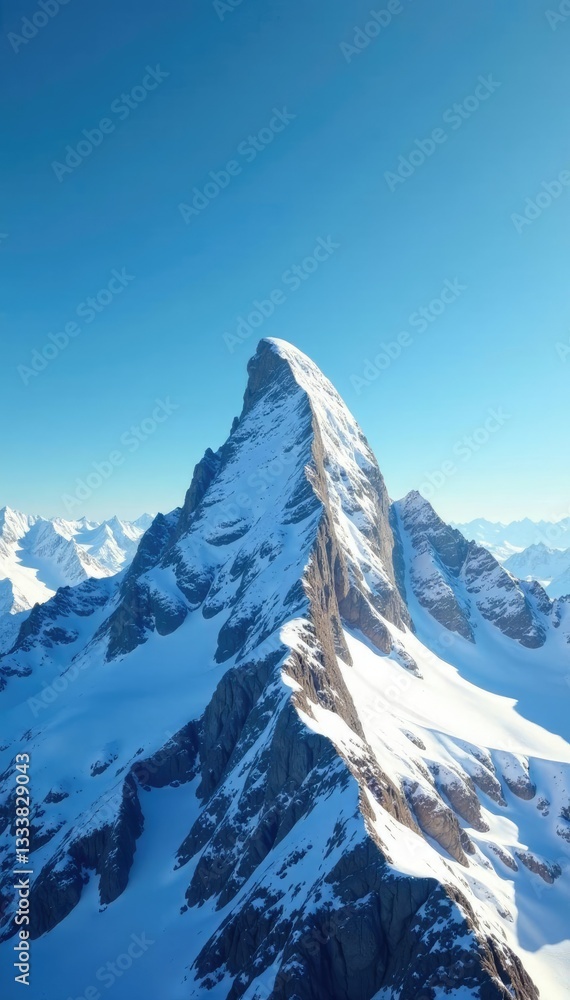 Fototapeta premium Snow capped peak stretches towards clear blue sky, serene and untouched, icy, mountain