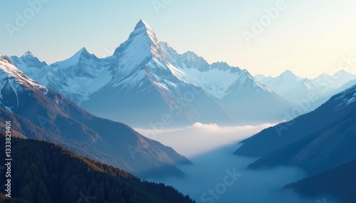 Wallpaper Mural Snow-capped peaks glisten in the morning mist, mountains, serene, peak Torontodigital.ca