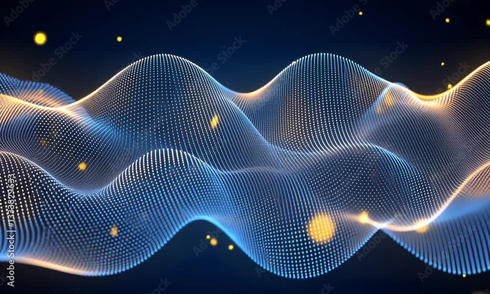 Futuristic dark blue waves with glowing golden particles floating in a mesmerizing abstract space-inspired motion.