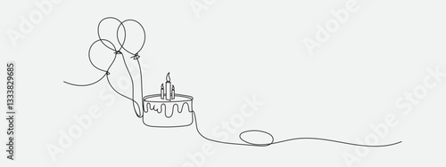 Continuous Line Drawing of Birthday Cake Candle and Balloons in Minimalist One Line Art Style.