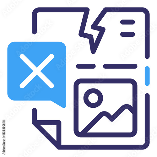 Broken Document: The visual of a torn document, accompanied by a negative speech bubble, suggesting rejection or damage to information or data. Data corrupt icon