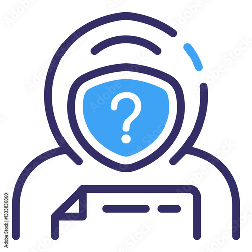 Identity in Question: An artistic illustration depicting an anonymous figure cloaked in a hoodie, their face obscured by a shield bearing a question mark. Hacker icon