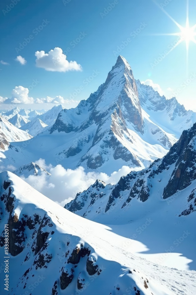 Obraz premium Snow covered mountain peaks glisten under bright sky, clouds, snowy, landscape
