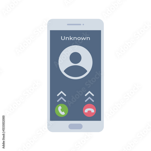 Incoming Call Flat design style, smartphone screen with an unknown caller ID, representing phone calls, useful for mobile communication designs, security themes, and telecom projects.