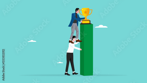 cooperation for success, winning business trophy with work colleague, achieve success together, businessman with business partners work together to climb the pillars to achieve winning business trophy