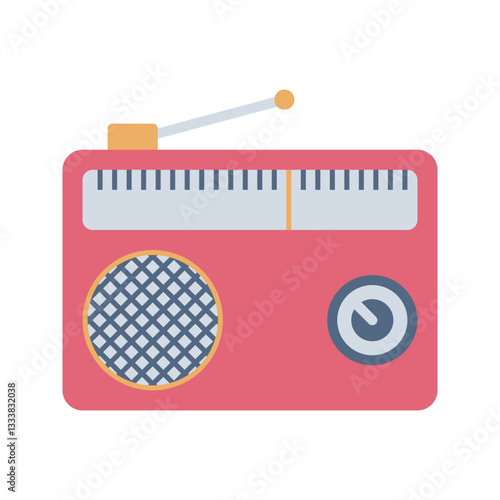 Radio Flat design style, red retro radio with an antenna, representing audio broadcasting, suitable for media content, music-related visuals, and traditional communication themes.