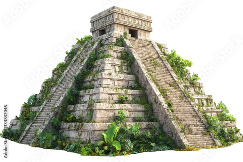 A Majestic Mayan Pyramid, Reclaimed By The Jungles Vibrant Embrace, Stands As A Testament To A Lost Civilization, Its Stone Steps Whispering Tales Of Ancient Rituals Under A Sun-drenched Sky Isolated