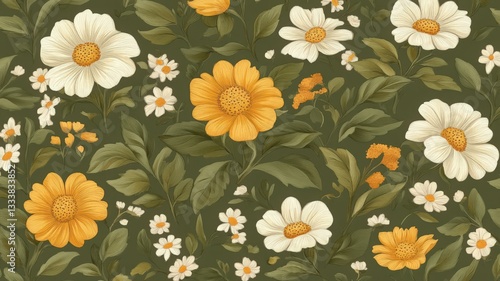 Wallpaper Mural Yellow and White Flowers on Dark Green Vintage Floral Pattern Torontodigital.ca