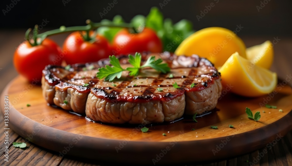 Rustic grilled steak with seasoned potatoes and fresh tomatoes on a wooden board, rustic, wooden, board Rustic grilled steak with seasoned potatoes and fresh tomatoes on a wooden board, rustic, wooden, board